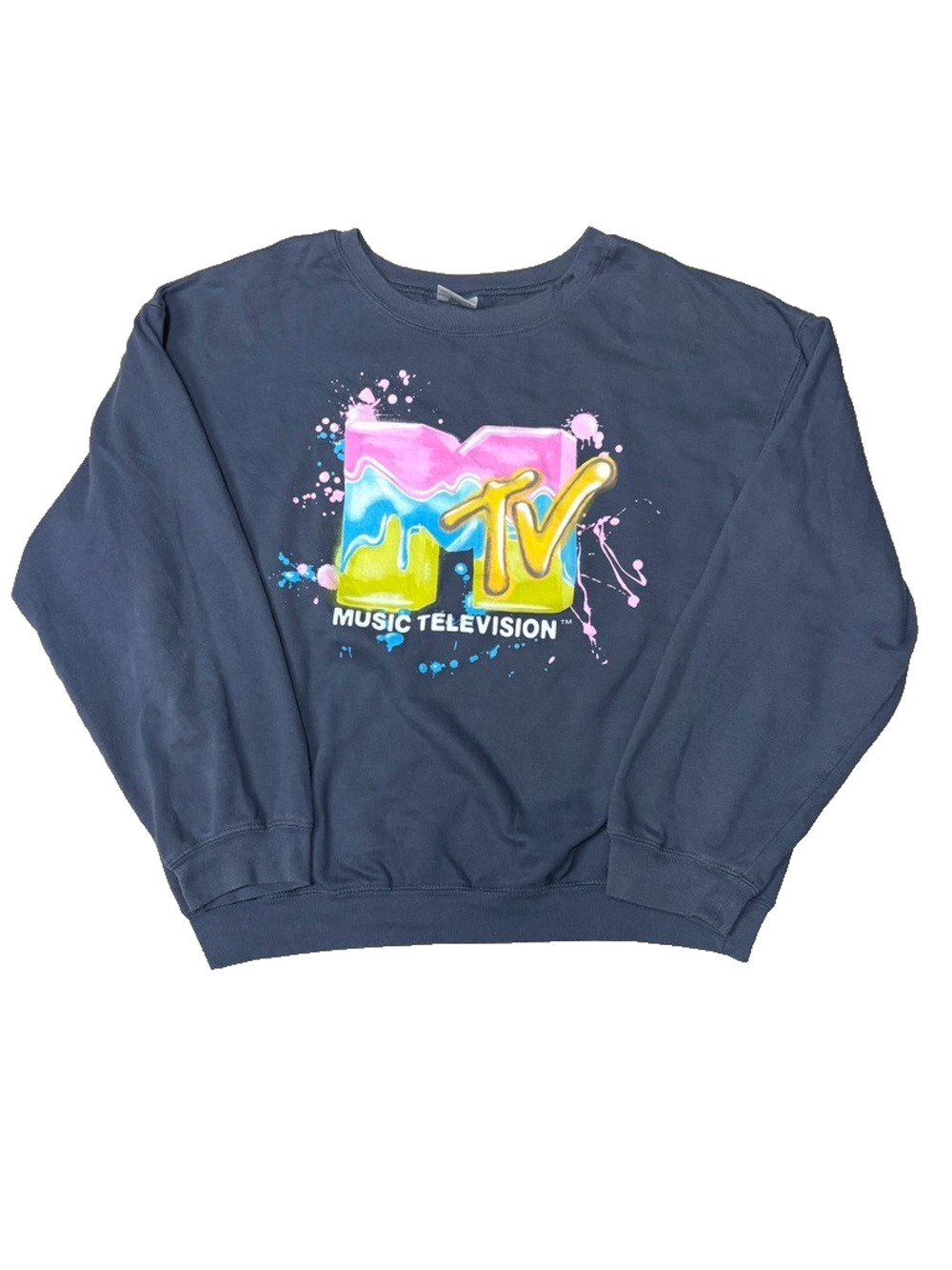MTV Music Television Paint Splatter Graphic Sweatshirt Faded Gray XL Boxy PTP 24